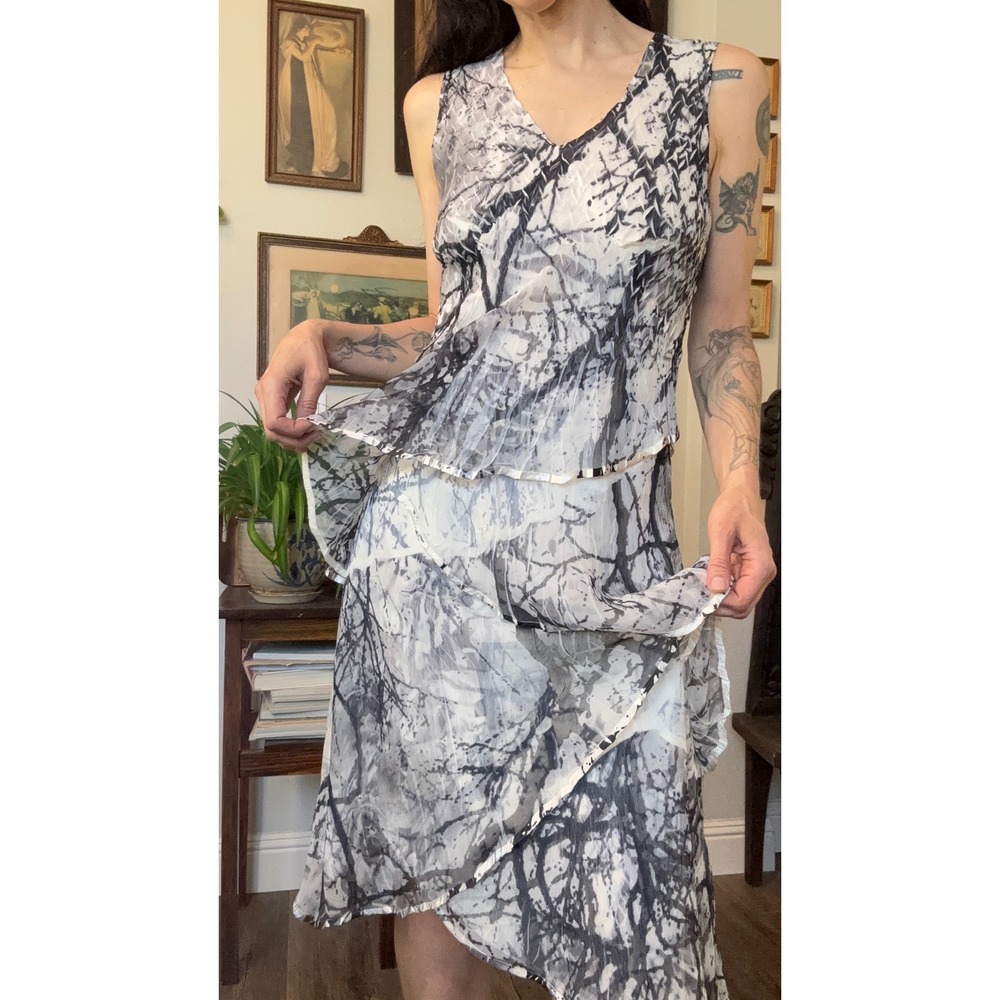 Vintage Y2K Kamarov dress sleeveless pleated asymmetrical layers abstract trees